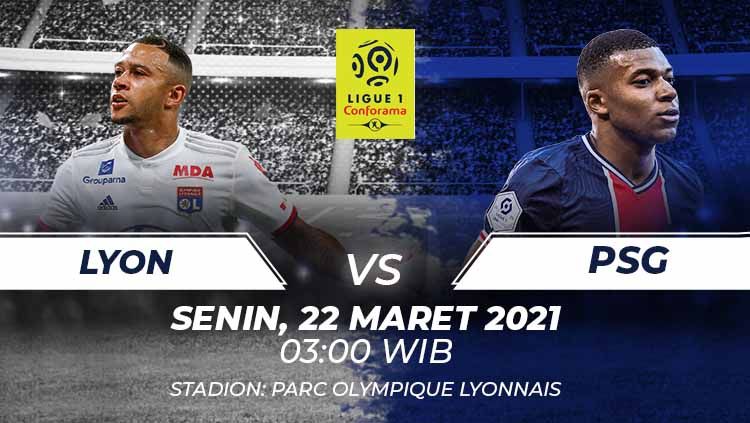 Prediksi pertandingan pekan ke-30 Ligue 1 antara dua tim papan atas Lyon vs PSG di Stadion Parc Olympique Lyonnais, Senin (21/03/21) dini hari WIB. Copyright: © Grafis:Frmn/Indosport.com