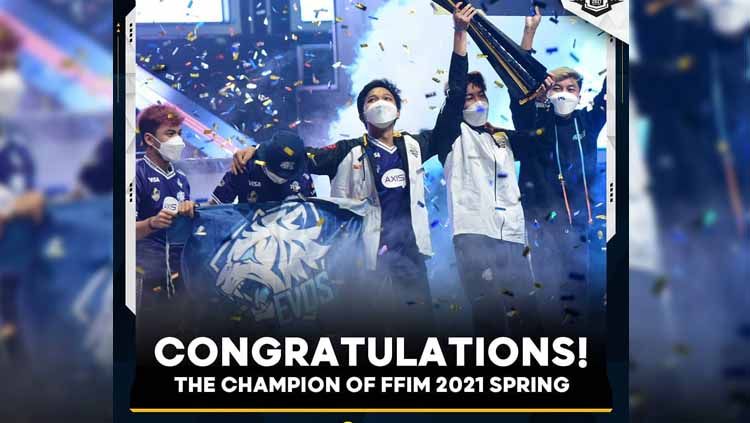 EVOS Esports keluar sebagai juara di ajang Free Fire Indonesia Masters (FFIM) 2021 Spring, setelah menjadi yang terbaik di babak grand final, Minggu (21/03/21) kemarin. Copyright: © Instagram/@ff.esport.id