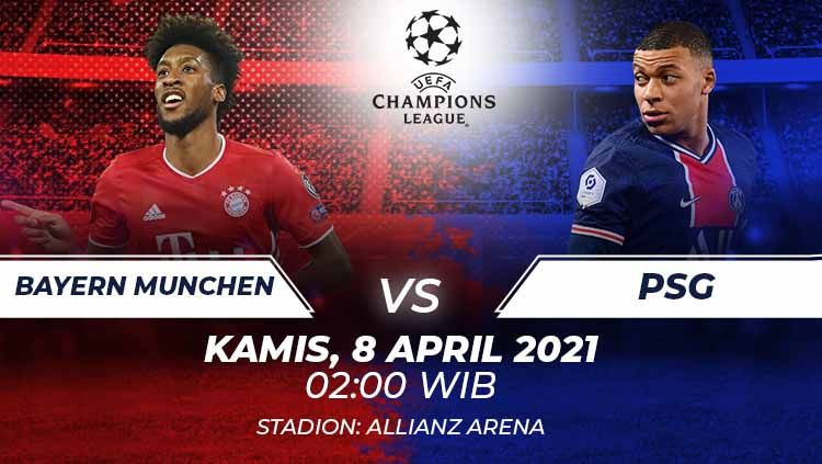 Berikut link live streaming laga leg pertama babak perempatfinal Liga Champions 2020/2021 antara Bayern Munchen vs PSG pada Kamis (08/03/21) pukul 02:00 WIB. Copyright: © Grafis:Frmn/Indosport.com