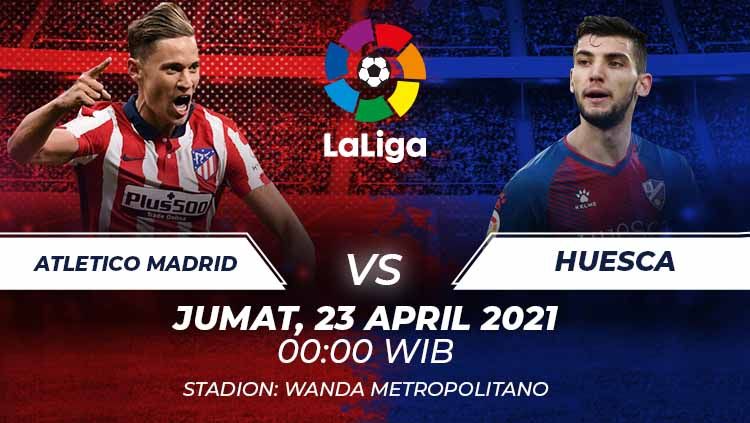 Berikut link live streaming pertandingan pekan ke-31 LaLiga Spanyol 2020-2021 antara Atletico Madrid vs Huesca, Jumat (23/04/21) pukul 00:00 dini hari WIB. Copyright: © Grafis:Frmn/Indosport.com