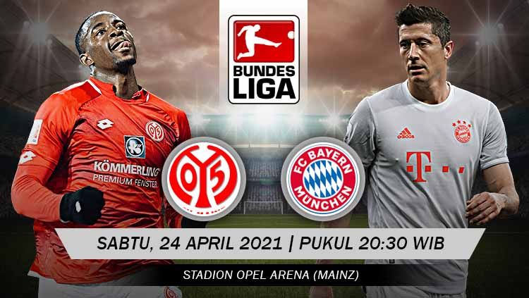 Berikut prediksi pertandingan Mainz 05 vs Bayern Munchen di ajang Bundesliga Jerman pekan ke-31, Sabtu (24/04/21) pukul 20.30 WIB di Opel Arena. Copyright: © Grafis: Yuhariyanto/INDOSPORT