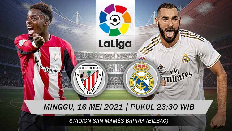 Berikut prediksi pertandingan Athletic Bilbao vs Real Madrid di ajang LaLiga Spanyol pekan ke-37, Minggu (16/05/21) pukul 23.30 WIB di San Mames. Copyright: © Grafis:Yanto/Indosport.com