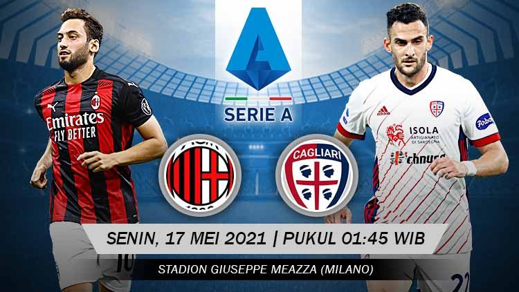 Berikut prediksi pertandingan pekan ke-37 Serie A Liga Italia 2020/21 antara AC Milan vs Cagliari, Senin (17/05/21) pukul 01:45 dini hari WIB. Copyright: © Grafis:Yanto/Indosport.com