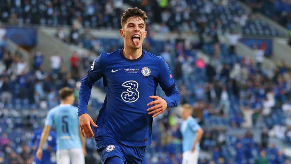 Selebrasi Kai Havertz saat mencetak gol pertama untuk timnya pada Final Liga Champions UEFA antara Manchester City vs Chelsea di Stadion do Dragao, Sabtu (29/05/21) Porto, Portugal. Copyright: © Jose Coelho - Pool/Getty Images