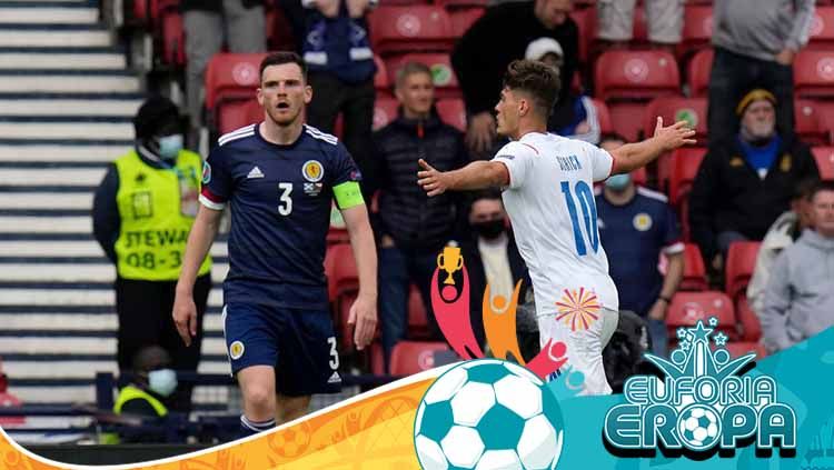 Selebrasi gol Patrik Schick pada laga Grup D Euro 2020 antara Skotlandia vs Ceko. Copyright: © Petr Josek - Pool/Getty Images