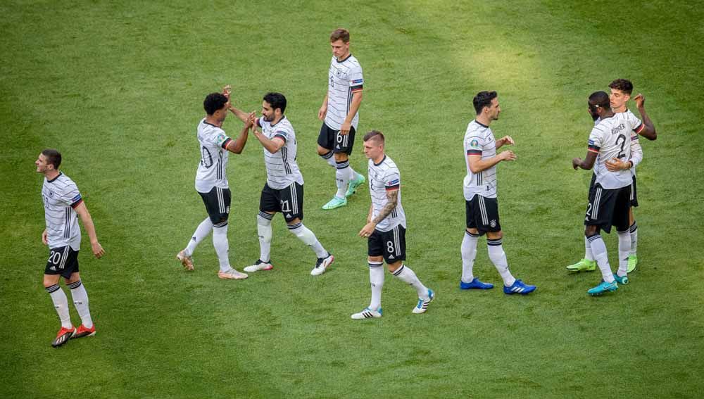 Para pemain Jerman merayakan gol pada pertandingan Grup F Euro 2020 kontra Portugal. Copyright: © Markus Gilliar/GES-Sportfoto via Getty Images
