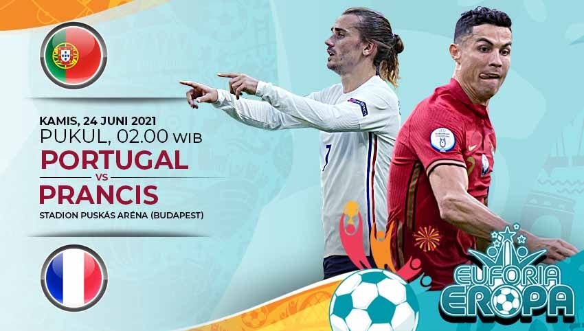 Berikut prediksi duel Portugal kontra Prancis pada laga pamungkas Grup F Euro 2020, Kamis (24/06/21) pukul 02:00 WIB di Ferenc Puskas Stadium. Copyright: © Grafis:Yanto/Indosport.com