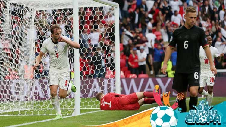 Selebrasi pemain Timnas Inggrism Harry Kane setelah mencetak gol kedua timnya pada babak 16 besar Kejuaraan UEFA Euro 2020 antara Inggris dan Jerman. Copyright: © Alex Morton - UEFA/UEFA via Getty Images