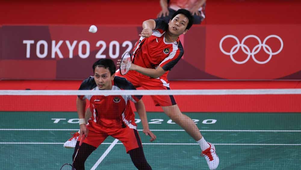 Pebulutangkis ganda putra Indonesia Hendra Setiawan/Mohammad Ahsan di Olimpiade Tokyo 2020. Copyright: © NOC Indonesia