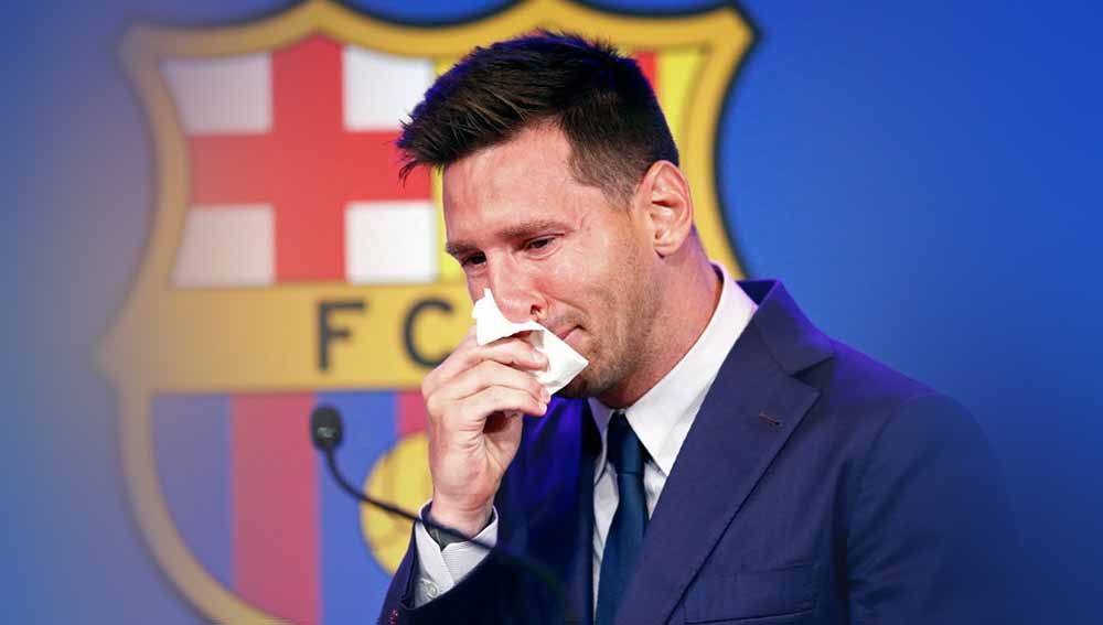 Lionel Messi menangis saat konferensi pers. Copyright: © Eric Alonso/Getty Images
