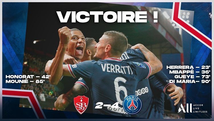 Kendati tanpa Lionel Messi, Paris Saint-Germain tetap tampil perkasa dan membawa pulang kemenangan meyakinkan 4-2 atas Brest di pekan kedua Ligue 1. Copyright: © @PSG_Inside