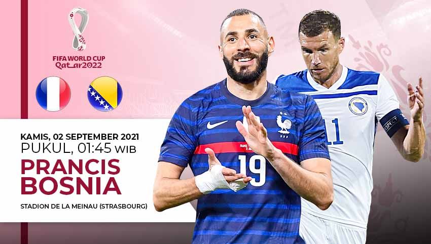 Berikut prediksi pertandingan Kualifikasi Piala Dunia 2022 zona Eropa antara Timnas Prancis vs Bosnia-Herzegovina, Kamis (01/09/21) dini hari WIB. Copyright: © Grafis:Yanto/Indosport.com