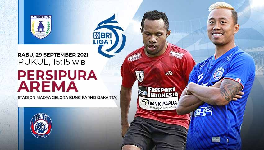 Prediksi pertandingan pekan kelima Liga 1 antara Persipura vs Arema FC di Stadion Madya Senayan, Rabu (29/09/21). Copyright: © Grafis: Yuhariyanto/Indosport.com
