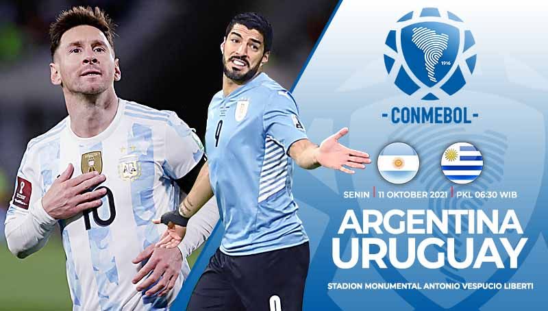 Berikut prediksi pertandingan Kualifikasi Piala Dunia 2022 zona CONMEBOL yang mempertemukan Argentina vs Uruguay pada Senin (11/10/21) pukul 06.30 WIB. Copyright: © Grafis:Yanto/Indosport.com