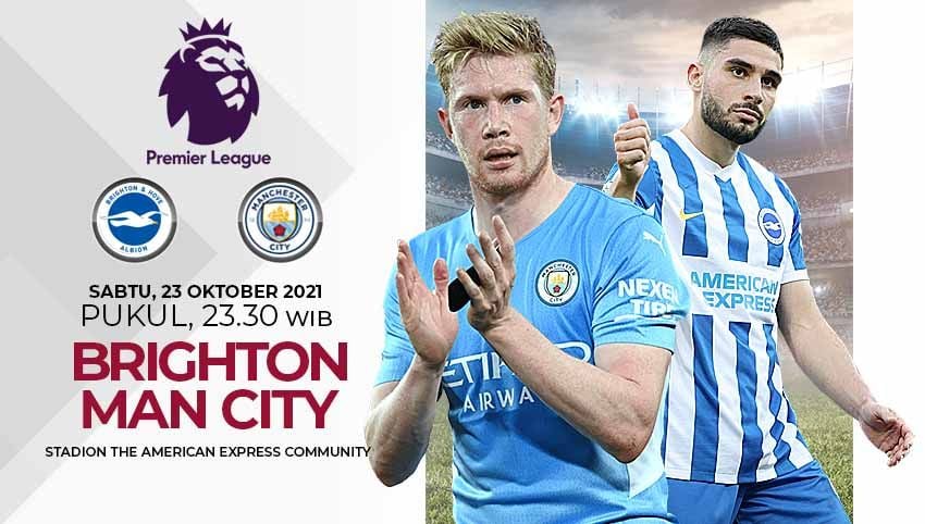 Berikut link live streaming pertandingan pekan kesembilan Liga Inggris 2021-2022 antara Brighton vs Manchester City pada Sabtu (23/10/21) pukul 23:30 WIB. Copyright: © Grafis:Yanto/Indosport.com