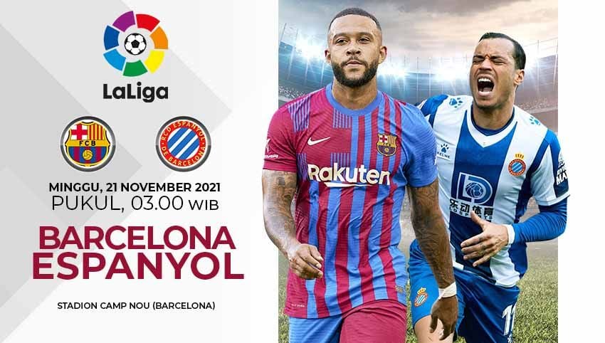 Barcelona akan menjamu Espanyol dalam laga bertajuk Derby Catalan pada pekan ke-14 Liga Spanyol 2021/22, Minggu (21/11/21) pukul 03.00 WIB. Copyright: © Grafis: Yuhariyanto/Indosport.com
