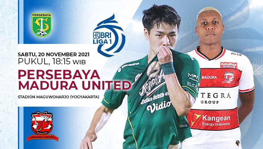 Prediksi Liga 1 antara Persebaya vs Madura United pada Sabtu (20/11/21) sore WIB, laga panas yang bakal jadi debut pelatih Fabio Lefundes. Copyright: © Grafis: Yuhariyanto/Football265.com