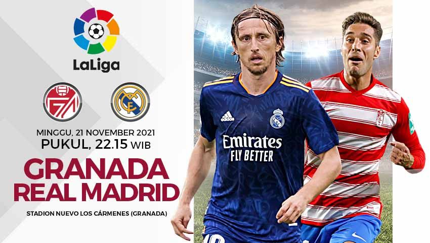 Prediksi pertandingan pekan ke-14 Liga Spanyol 2021/2022 yang mempertemukan Granada vs Real Madrid pada Minggu (22/11/21) pukul 22.15 WIB. Copyright: © Grafis: Yuhariyanto/Indosport.com