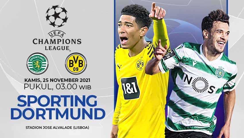 Berikut prediksi pertandingan pekan kelima fase Grup C Liga Champions Eropa musim 2021-2022 antara Sporting CP vs Borussia Dortmund. Copyright: © Grafis: Yuhariyanto/Indosport.com