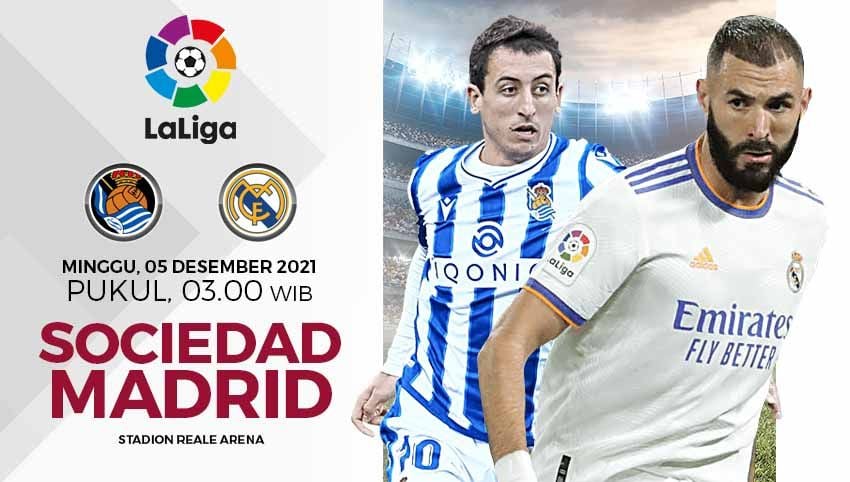 Real Madrid mengusung misi berat kala bertandang ke markas Real Sociedad pada pekan ke-16 Liga Spanyol 2021/22 di Stadion Anoeta. Copyright: © Grafis: Yuhariyanto/INDOSPORT.com