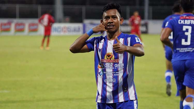 Vivi Asrizal melakukan selebrasi usai cetak gol tunggal kemenangan Persiraja Banda Aceh atas Persija Jakarta dalam lanjutan Liga 1. Copyright: © Media Officer Persiraja.