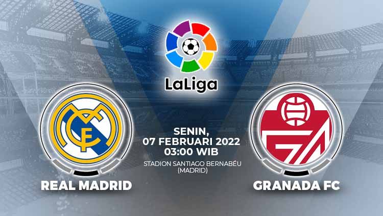 Berikut link live streaming pertandingan pekan ke-23 Liga Spanyol 2021/2022 antara Real Madrid vs Granada yang digelar pada Senin (07/02/22) pukul 03.00 WIB. Copyright: © Grafis: Eli Suhaeli/INDOSPORT