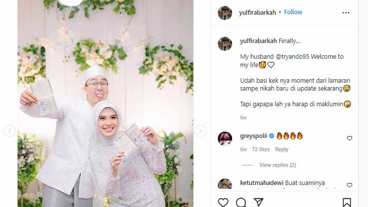 Yulfira Barkah menikah dengan sahabatnya, Rian Tryando. Copyright: © yulfirabarkah/INSTAGRAM
