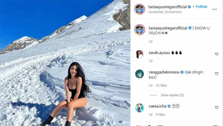 DJ sekaligus model dewasa, Tania Ayu Siregar, sampai buat heboh netizen karena mengenakan busana minimalis saat dirinya berlibur di venue olahraga salju, Swiss. Copyright: © Instagram@taniaayusiregarofficial
