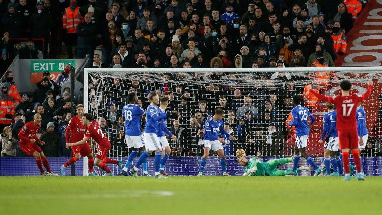 Diogo Jota mencetak gol di laga Liverpool vs Leicester City (11/02/22). (Foto: REUTERS/Craig Brough) Copyright: © REUTERS/Craig Brough