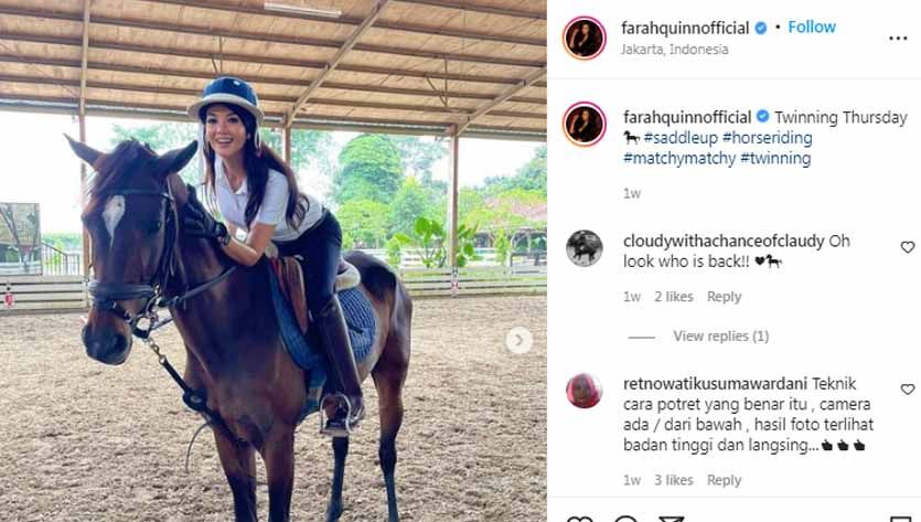 Aktivitas berkuda yang dilakukan Farah Quinn dan sang putri, langsung membuat netizen gemas dan meninggalkan komentar di instagram. Copyright: © Instagram@farahquinnofficial