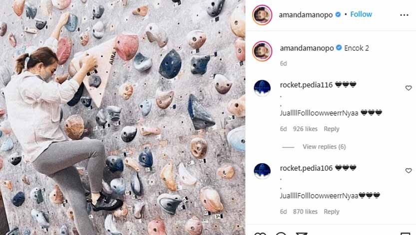 Makin giat berolahraga di tengah popularitasnya yang meroket, artis cantik, Amanda Manopo, akui bahwa dia semangat menjajal panjat tebing meski badannya encok. Copyright: © Instagram@amandamanopo