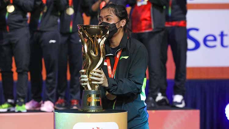 Kapten tim putri Indonesia, Gregoria Mariska, mengatakan bahwa medali emas Badminton Asia Team Championship (BATC) 2022 adalah raihan yang berharga. Copyright: © Humas PP PBSI