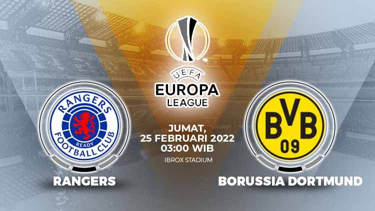 Link live streaming leg kedua babak 32 besar Liga Europa 2021/2022 antara Rangers FC vs Borussia Dortmund pada Jumat (25/02/22) pukul 03.00 WIB. Copyright: © Grafis: Eli Suhaeli/INDOSPORT