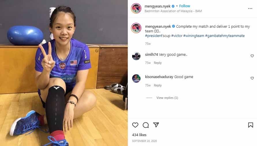 Usai putuskan mundur sebagai pemain Asosiasi Bulutangkis Malaysia (BAM), kini Lee Meng Yean, bakal menduduki jabataan baru sebagai pelatih ganda putri pelatnas. Copyright: © Instagram@mengyean.nyek