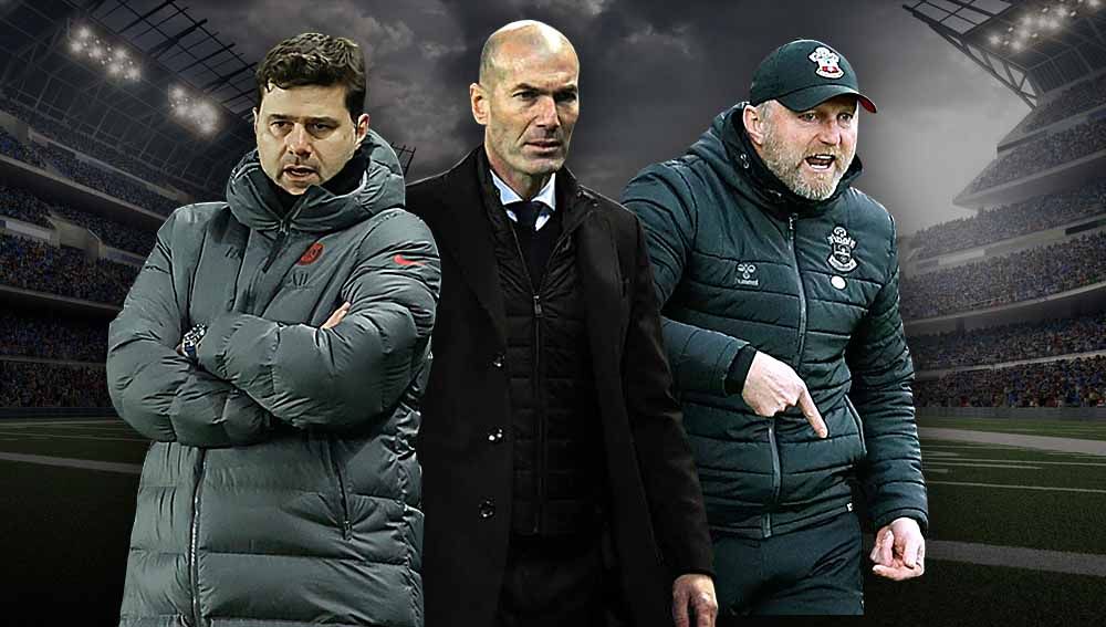 Mauricio Pochettino, Zinedine Zidane, Ralph Hasenhuttl, tiga dari sekian pelatih yang dikaitkan dengan Manchester United. Foto: REUTERS/Christian Hartmann/Alberto Lingria/Peter Nicholls. Copyright: © Grafis: Yuhariyanto/INDOSPORT.com