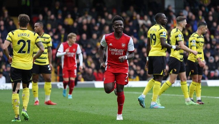 Bukayo Saka merayakan golnya di laga Watford vs Arsenal (06/03/22). (Foto: REUTERS/Ian Walton) Copyright: © REUTERS/Ian Walton