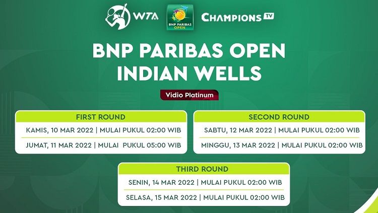 Kabar baik menyapa para pecinta olahraga tenis. Ajang BNP Paribas Open Indian Wells 2022 akan bergulir mulai Kamis (10/3/22) dini hari WIB. Copyright: © Vidio.com