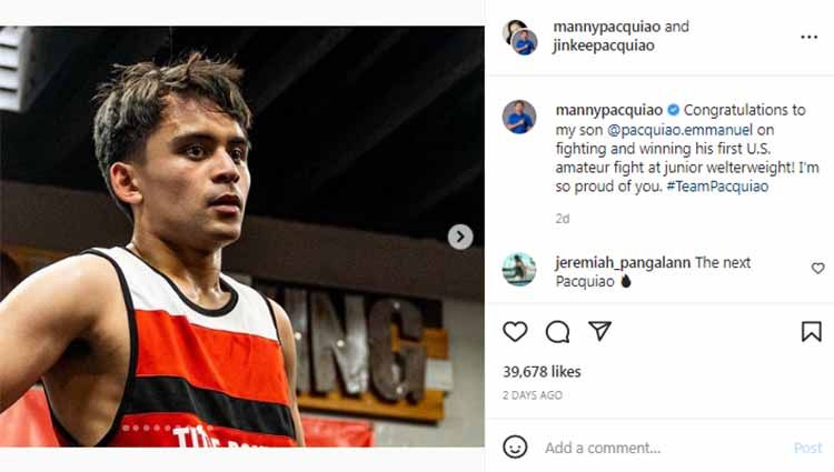 Manny Pacquiao memberi selamat atas kemenangan anak sulungnya, Emmanuel Pacquiao usai menang debut tinju. Foto: Instagram@mannypacquiao Copyright: © Instagram@mannypacquiao