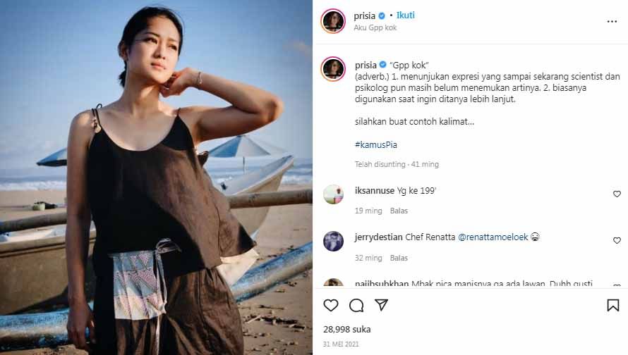 Netizen instagram ada yang bergurau bahwa Prisia Nasution bisa ikut cabang olahraga menembak di hajatan SEA Games 2021. Copyright: © Instagram@prisia