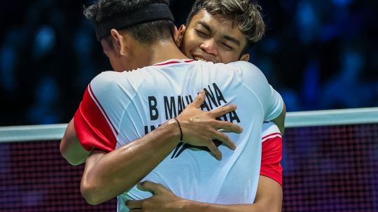 Selebrasi ganda putra Indonesia, Bagas Maulana/Muhammad Shohibul Fikri Tebar Senyum meski Kandas di Korea Open 2022 (Foto: Badminton Photo) Copyright: © Badminton Photo