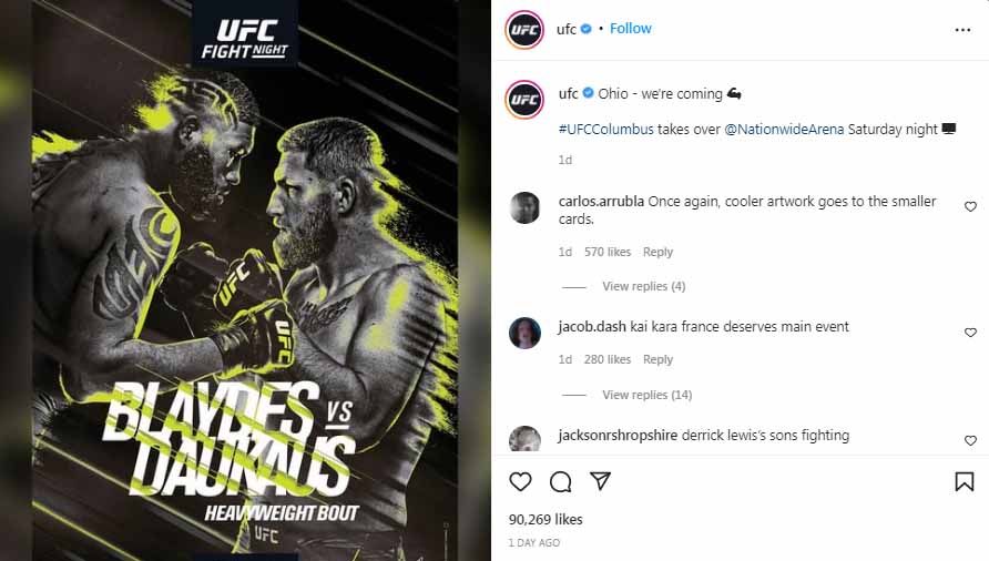 Petarung Blaydes vs Daukaus di UFC Columbus. Foto: Instagram@UFC Copyright: &copy; Instagram@UFC