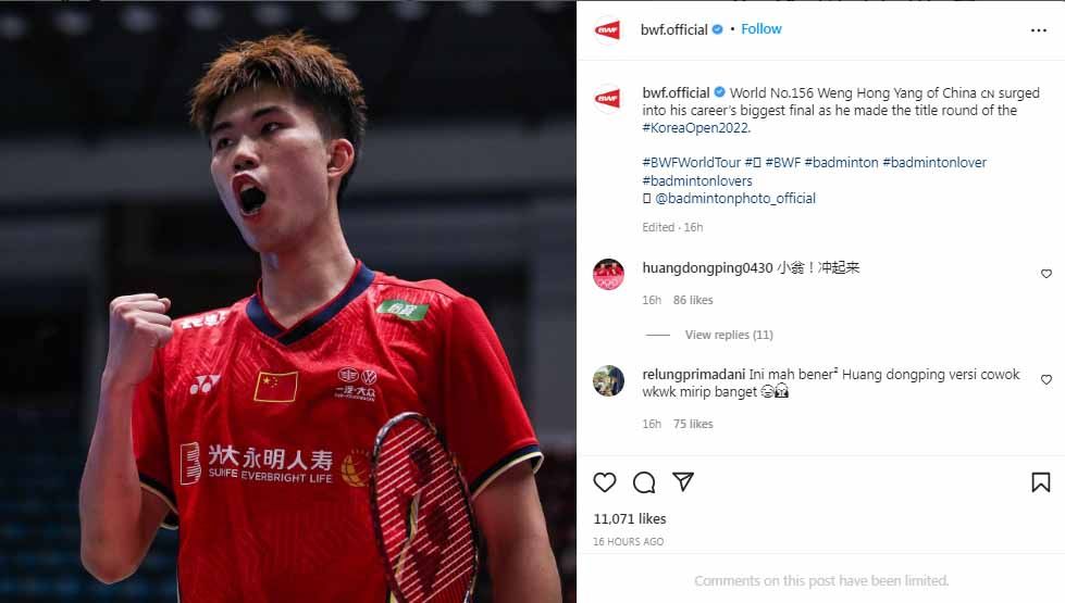 Pebulu tangkis bertangan kidal dari China, Weng Hongyang, jadi kutukan tunggal putra Indonesia, menariknya hal ini tak lepas dari peran Lin Dan dan Chen Long.Foto: Instagram@bwf.official Copyright: © Instagram@bwf.official