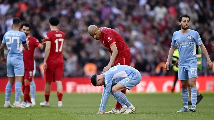 Manchester City dihajar Liverpool 2-3 di semifinal Piala FA dan dipastikan gagal Treble Winners. Berikut 3 pemain biang keladi hasil buruk tersebut.(Reuters/Tony Obrien) Copyright: © Reuters/Tony Obrien