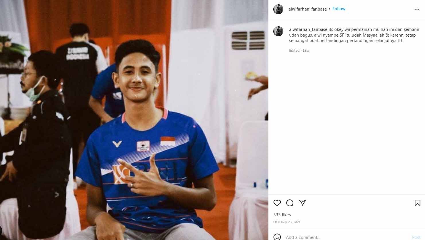 Atlet bulutangkis tunggal putra junior Indonesia, Alwi Farhan, tulis pesan menyayat hati, bertepatan dengan kegagalannya juara back to back di turnamen Eropa. Copyright: © Instagram@alwifarhan_fanbase