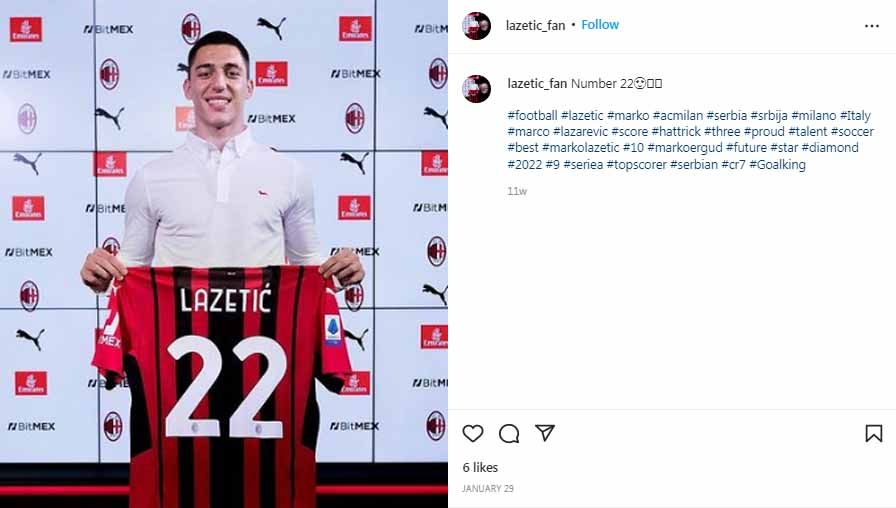 Klub Liga Italia (Serie A) AC Milan dilaporkan siap berpisah dengan Marko Lazetic di bursa transfer musim panas ini. Copyright: © Instagram@lazetic_fan