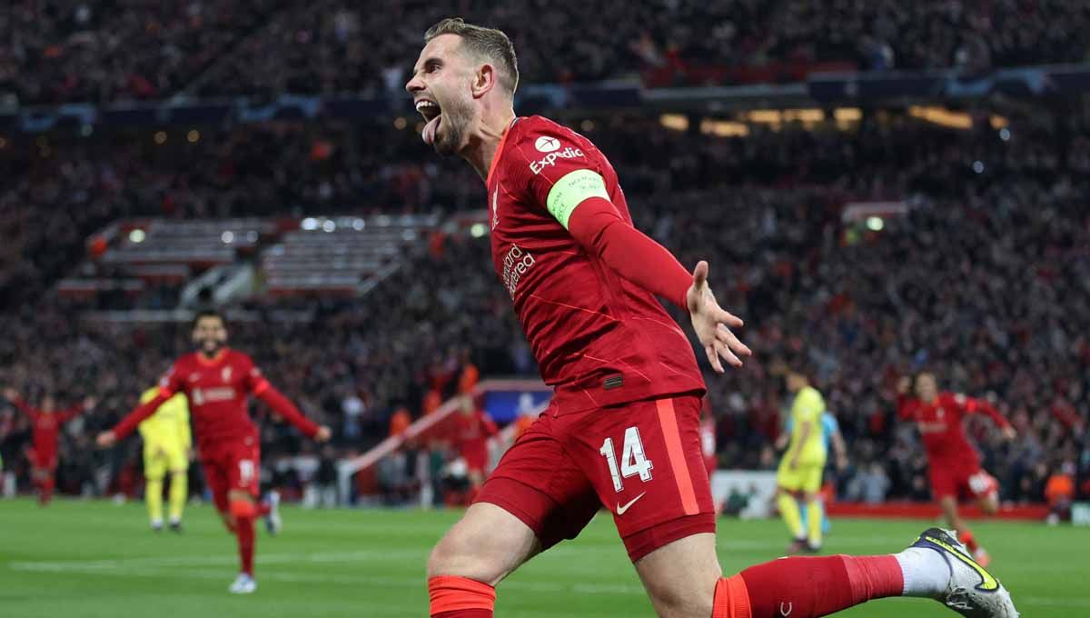 Pemain Liverpool Jordan Henderson melakukan selebrasi usai mencetak gol ke gawang Villarreal. Foto: Reuters/Carl Recine Copyright: © Reuters/Carl Recine