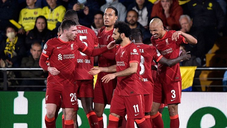 Selebrasi Liverpool di semifinal Liga Champions 2021-2022 melawan Villarreal. Foto: REUTERS/Pablo Morano. Copyright: © REUTERS/Pablo Morano