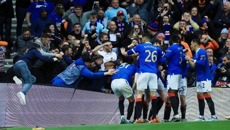 Selebrasi para penggawa Rangers FC usai mencetak gol ke gawang RB Leipzig (06/05/22). (Foto: REUTERS/Lee Smith) Copyright: © REUTERS/Lee Smith