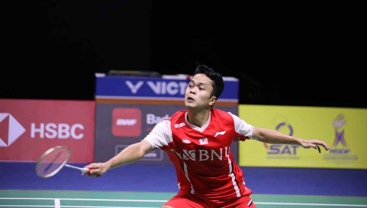 Berikut hasil pertandingan Indonesia Masters 2022, antara pebulutangkis Indonesia, Anthony Ginting melawan wakil Thailand, Kunlabut Vitidasrn pada Rabu (08/06/22). Copyright: © PBSI