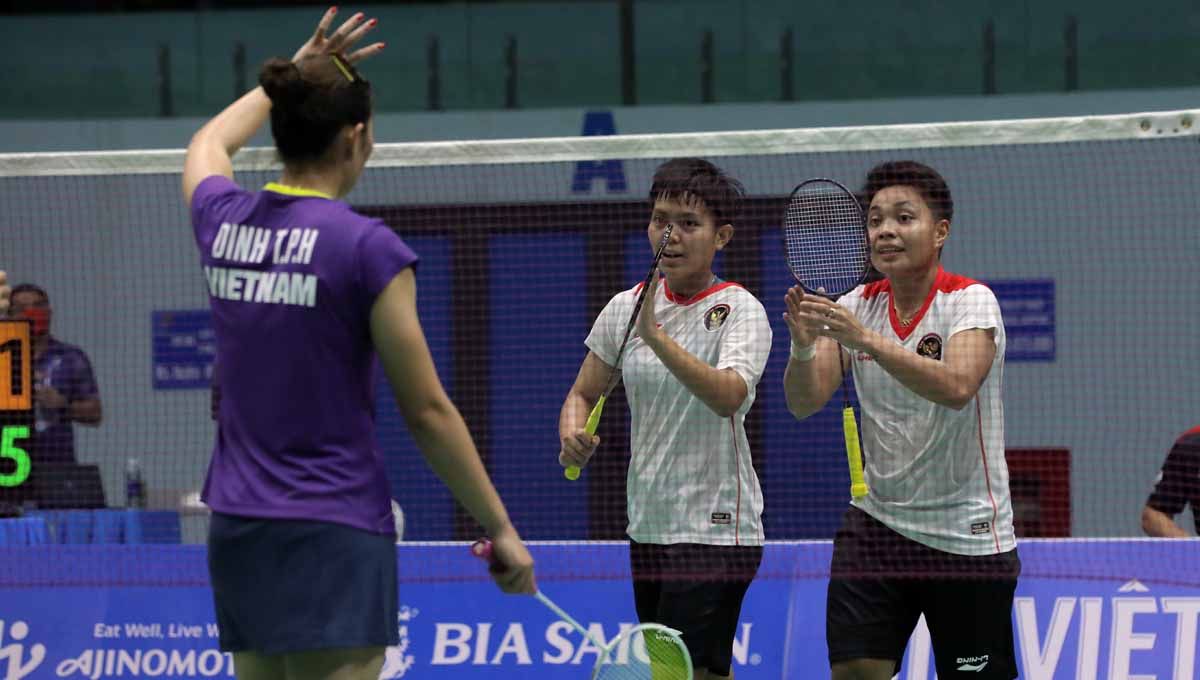 Ganda putri Indonesia Apriyani Rahayu dan Siti Fadia Ramadhanti di laga SEA Game Vietnam 2021. Foto: PBSI Copyright: © PBSI